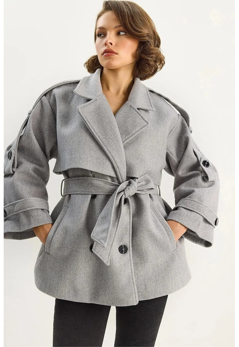 Palton dama,  LUCCI, doua randuri de nasturi, cu centura, fleece, Gri,