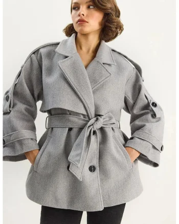 Palton dama,  LUCCI, doua randuri de nasturi, cu centura, fleece, Gri,