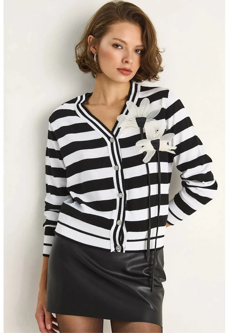 Pulover dama,  cardigan, detalii florale, negru, tricot,