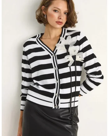 Pulover dama,  cardigan, detalii florale, negru, tricot,