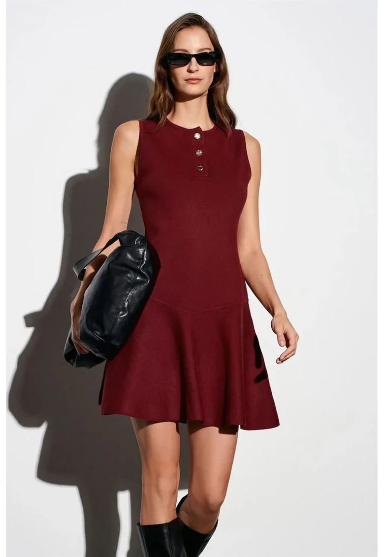 Rochie Mini Skater Femei,  Casual, Evazat, Rosu Burgundy, Tricotata Fara Cusaturi, One Size