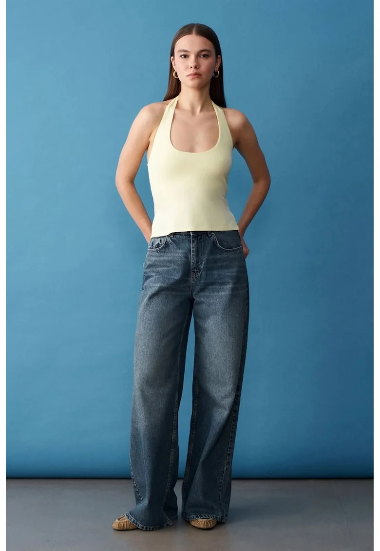 Bluze dama,  Bluza cu guler Halterneck, croiala Slim Fit, Galben Lamaie, 47% modal, 46% bumbac, 7% elastan,