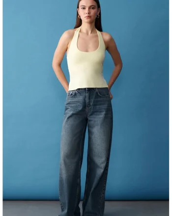 Bluze dama,  Bluza cu guler Halterneck, croiala Slim Fit, Galben Lamaie, 47% modal, 46% bumbac, 7% elastan,