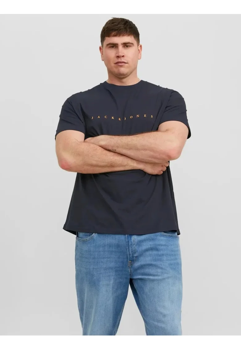Plus Tricou cu logo, barbati big sizes, din bumbac organic, Standard Fit, Bleumarin inchis
