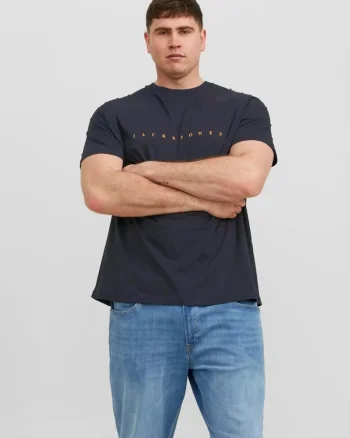 Plus Tricou cu logo, barbati big sizes, din bumbac organic, Standard Fit, Bleumarin inchis