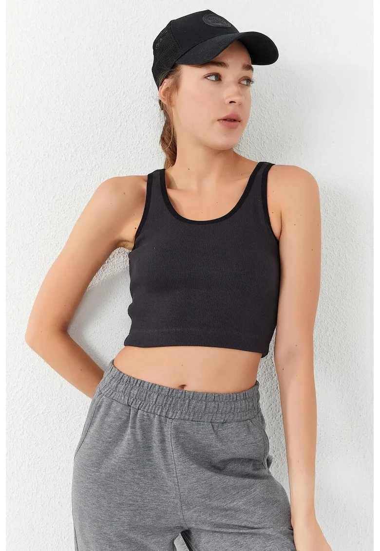 Top scurt,  fara maneci, negru, bumbac cu elastan,