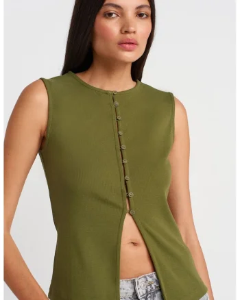 Bluza dama,  bluza fara maneci, verde kaki, bumbac-elastan