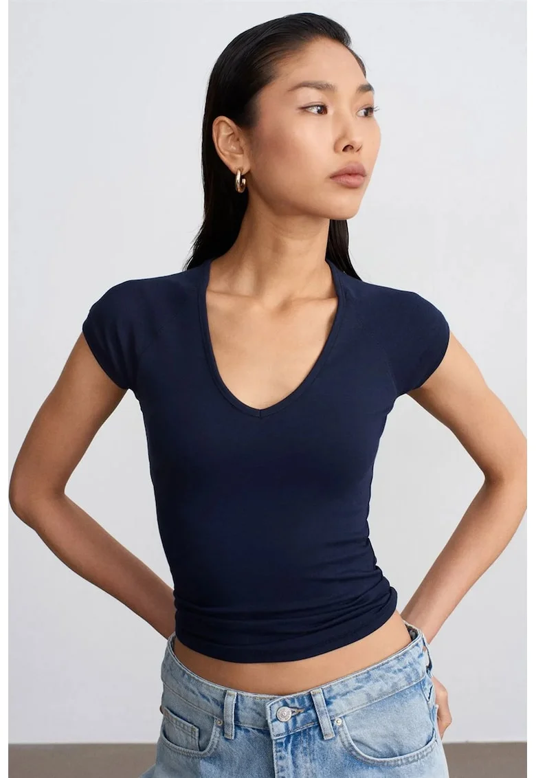 Bluza dama,  crop slim fit, elastic, bleumarin, bumbac/modal/elastan