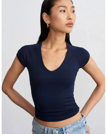 Bluza dama,  crop slim fit, elastic, bleumarin, bumbac/modal/elastan