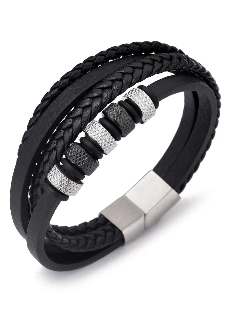 Bratara barbati din piele naturala negru-argintiu Cercuri - 22cm