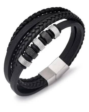 Bratara barbati din piele naturala negru-argintiu Cercuri - 22cm