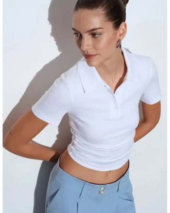 Tricou Polo  slim fit, alb, bumbac-viscoza-elastan, maneca scurta