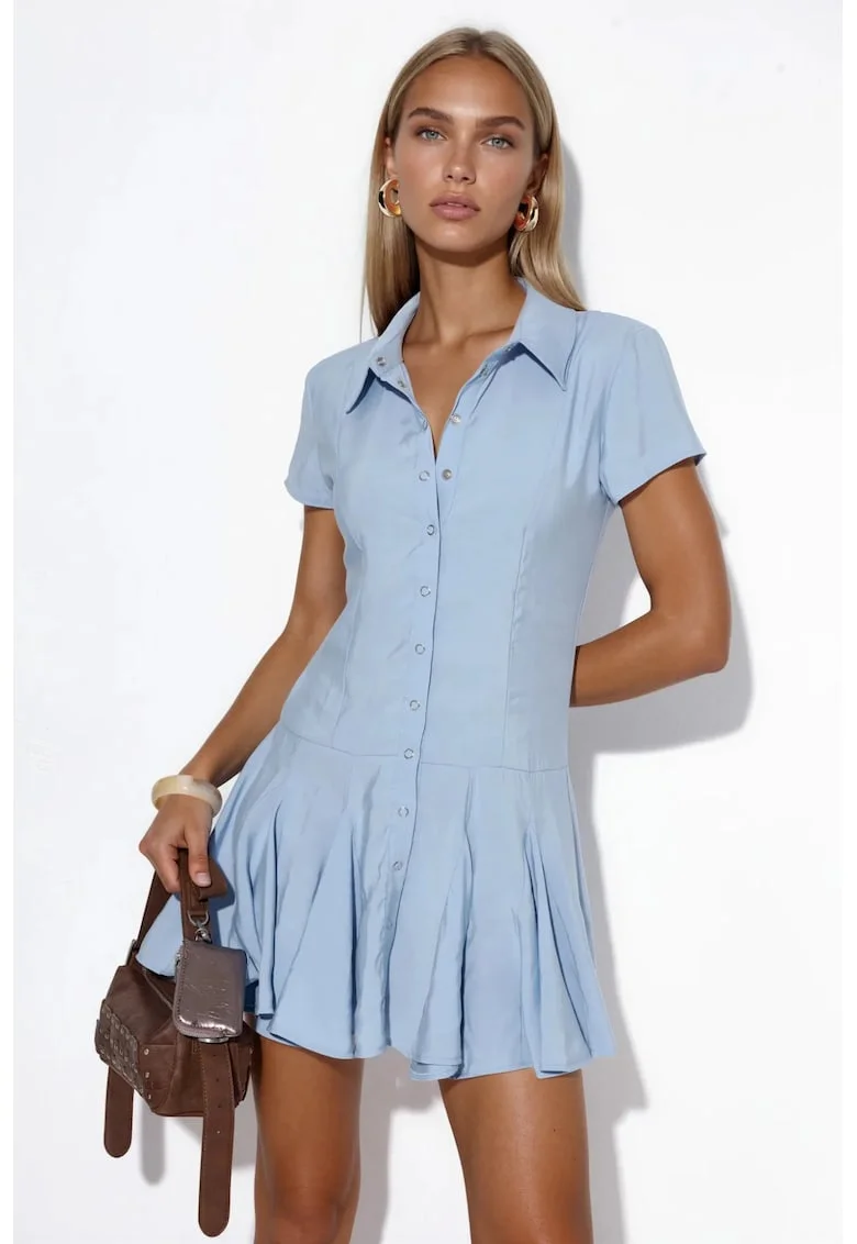 Rochie camasa Midi  casual, albastru deschis, 87% modal, maneca scurta