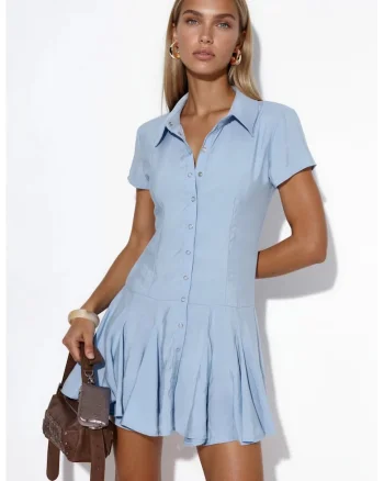 Rochie camasa Midi  casual, albastru deschis, 87% modal, maneca scurta