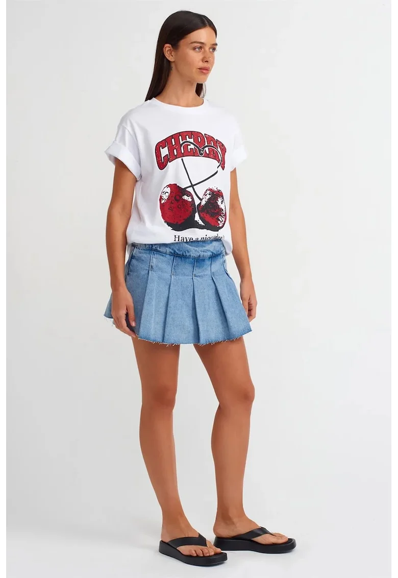 Fusta  Mini Skater din Denim, Talie Medie, Albastru Deschis-Mediu, Casual, Fermoar