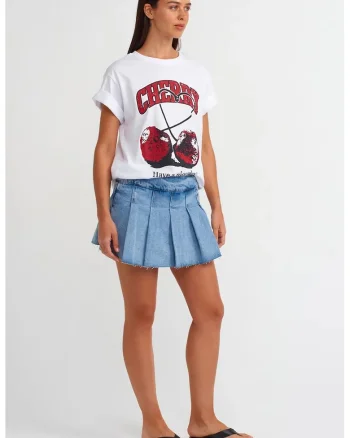 Fusta  Mini Skater din Denim, Talie Medie, Albastru Deschis-Mediu, Casual, Fermoar