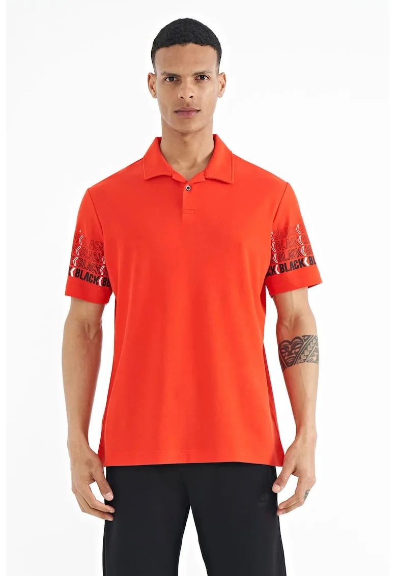 Tricou polo barbati  imprimat, portocaliu deschis, 100% bumbac
