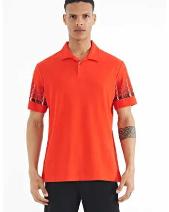 Tricou polo barbati  imprimat, portocaliu deschis, 100% bumbac