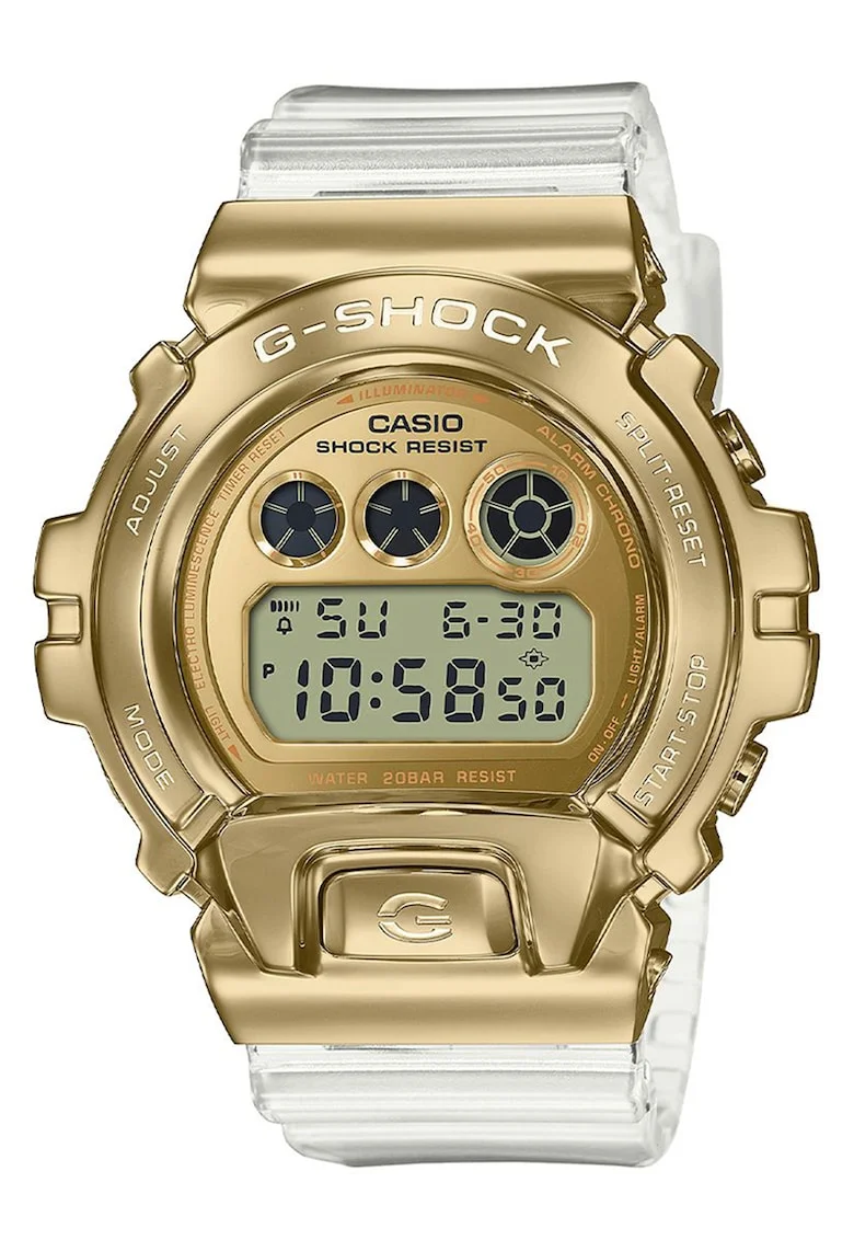 Ceas digital cu o curea de plastic G-Shock, auriu, transparent