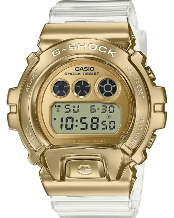 Ceas digital cu o curea de plastic G-Shock, auriu, transparent