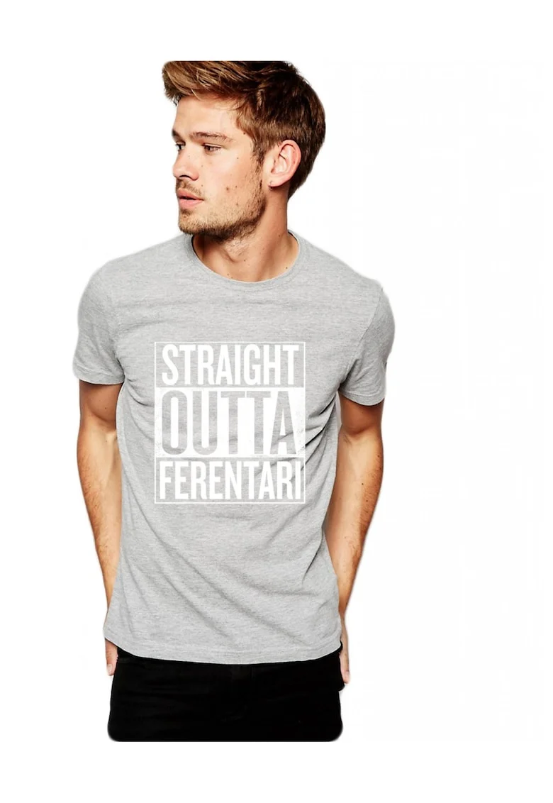 Tricou barbati gri cu text alb - Straight Outta Ferentari, Gri