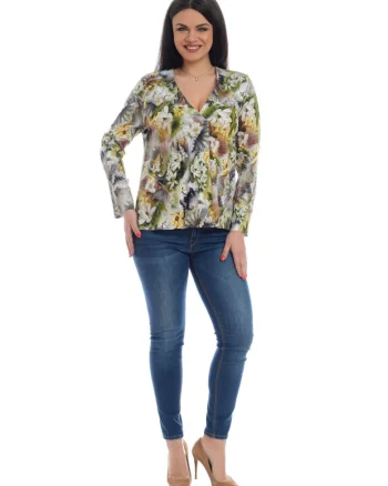 Bluza de dama - multicolora, cu imprimeu floral si decolteu in V