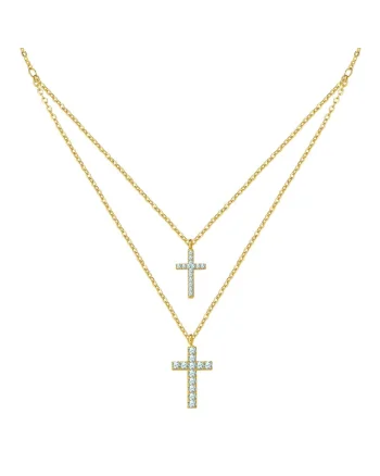 Colier cu mai multe siraguri placat cu aur de 14K si decorat cu pandantive din zirconia in forma de cruce, Auriu