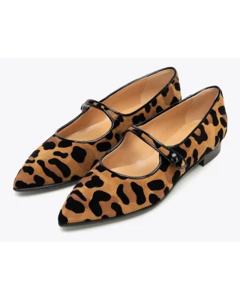 Balerini  piele naturala intoarsa, imprimeu leopard, varf ascutit, curea elastica, maro negru