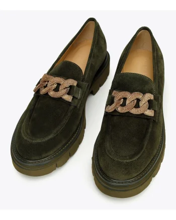 Mocasini pentru dama,  piele intoarsa, platforma groasa, cu lant decorativ, verde inchis