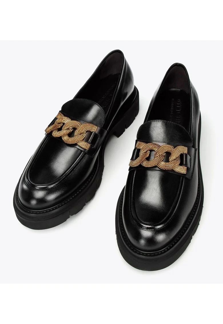 Mocasini pentru dama,  cu lant decorativ, piele naturala, negru, platforma groasa