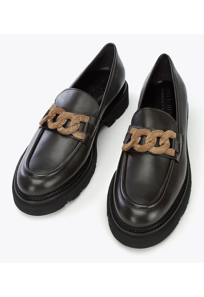 Mocasini pentru dama,  cu lant decorativ, piele naturala, platforma groasa, maro inchis