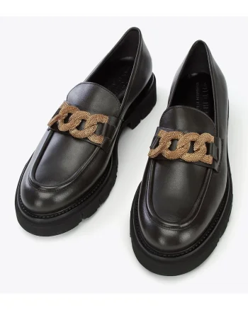 Mocasini pentru dama,  cu lant decorativ, piele naturala, platforma groasa, maro inchis