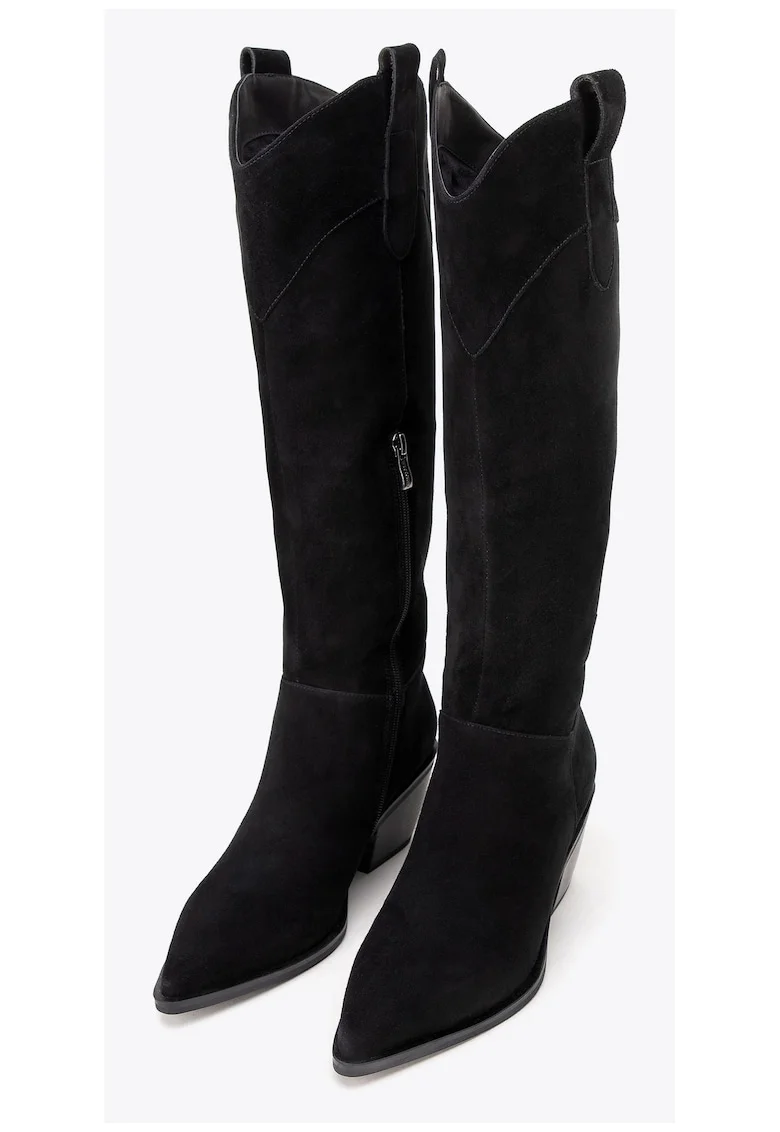 Cizme dama  piele intoarsa, caramb inalt, negru, confortabile