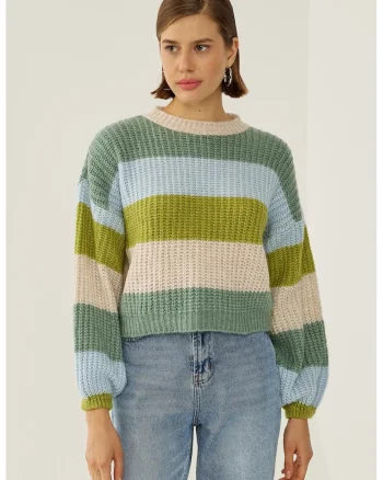 Pulover dama  cu dungi, croiala lejera, verde, acril