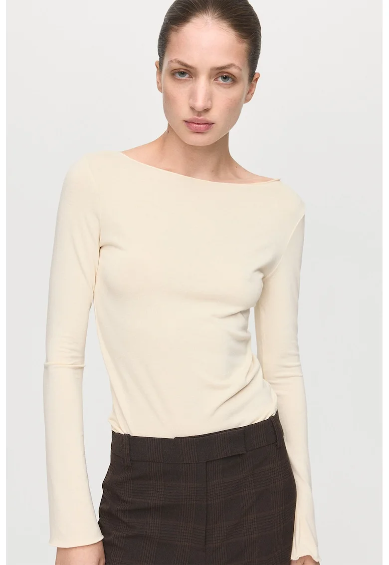 Bluza uni cu decolteu barcuta, Crem