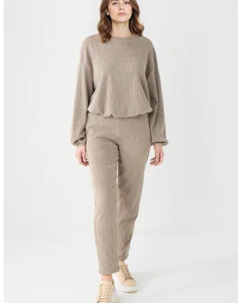 Pantaloni drepti texturati Mink, Bej melange