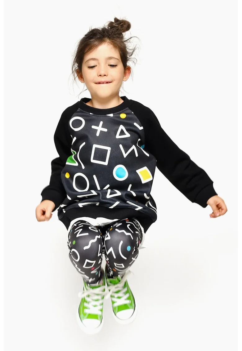Bluza de trening lejera cu imprimeu geometric frontal, Alb/Negru/Albastru glaciar