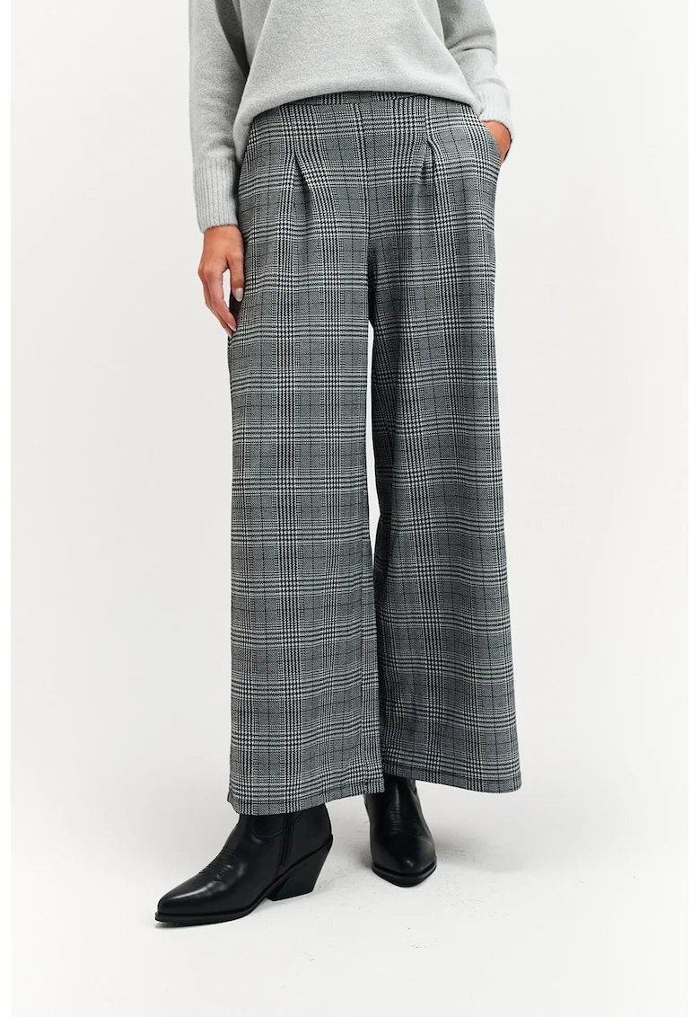 Pantaloni in carouri cu talie inalta, Alb optic/Gri deschis melange