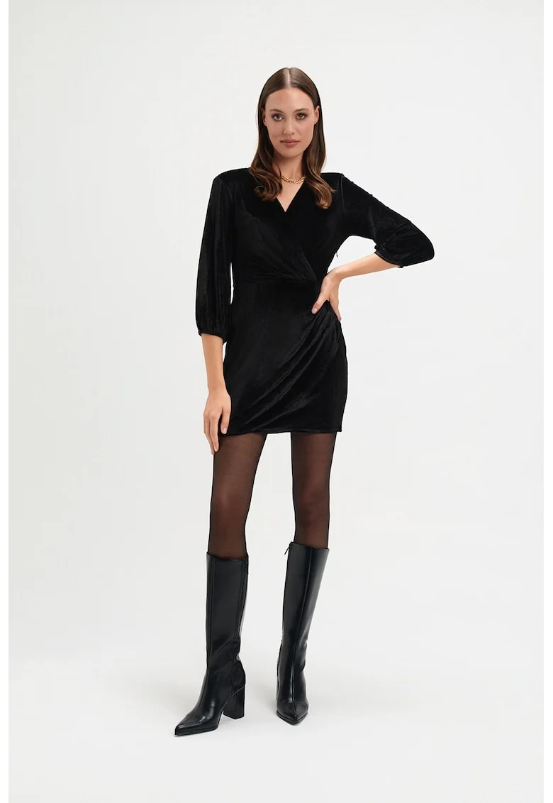 Rochie mini cu fronseuri si decolteu in V, Negru