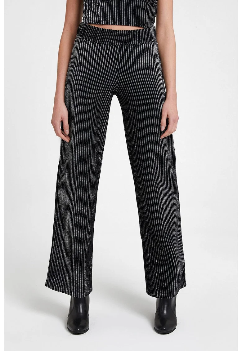 Pantaloni relaxed fit cu model in dungi si talie inalta, Negru/Argintiu