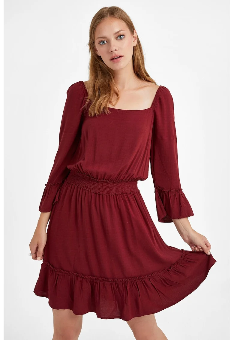 Rochie midi cu croiala in A si maneci trei sferturi, Visiniu