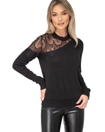 Bluza din amestec de lana cu garnitura din dantela Liv, Negru