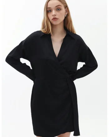 Rochie scurta din satin cu decolteu in V, Negru