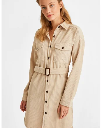 Rochie din reiat cu o curea, Bej