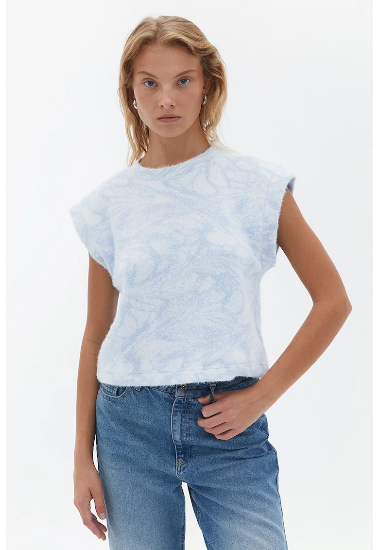 Pulover fara maneci cu model, Albastru pastel