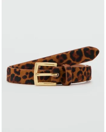 Curea de piele cu par scurt si animal print, Negru/Maro scortisoara