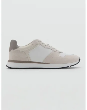 Pantofi sport low-cut cu insertii din piele intoarsa, Alb/Maro taupe deschis/Bej deschis