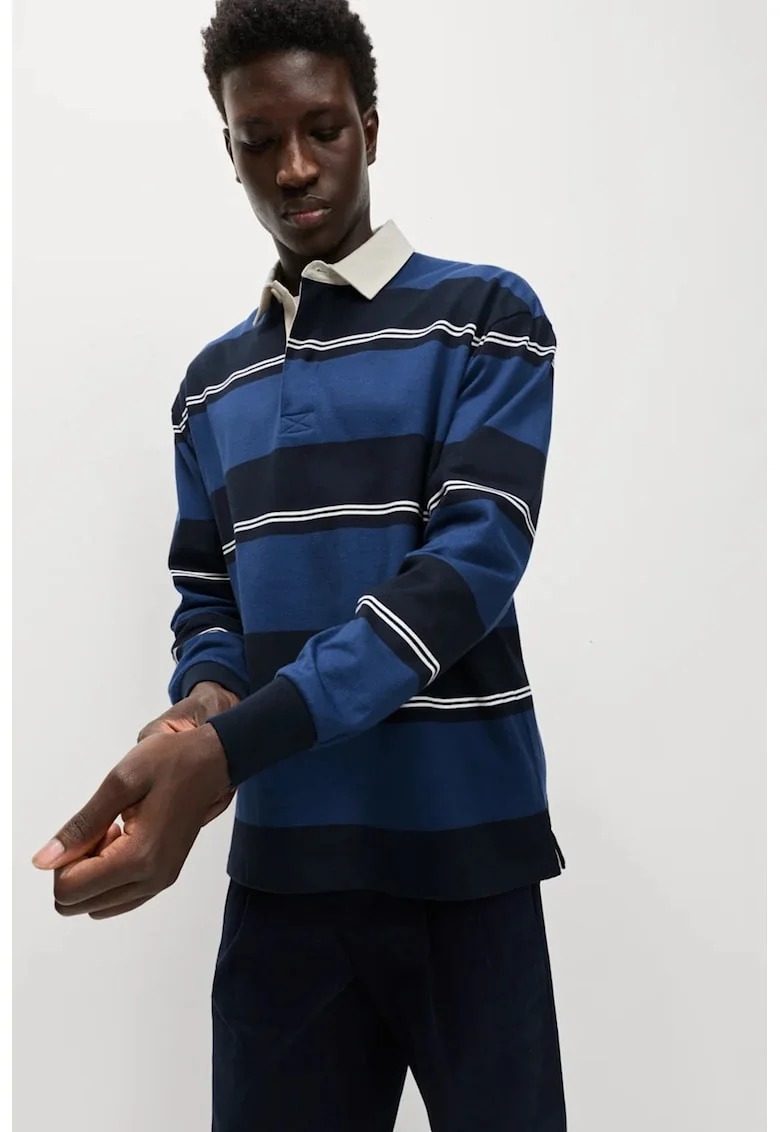 Bluza polo cu dungi, Alb/Albastru