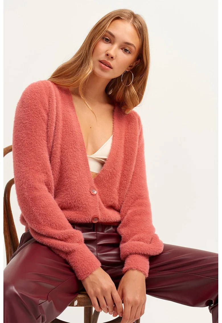 Cardigan cu decolteu in V si aspect pufos, Roz somon