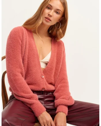 Cardigan cu decolteu in V si aspect pufos, Roz somon